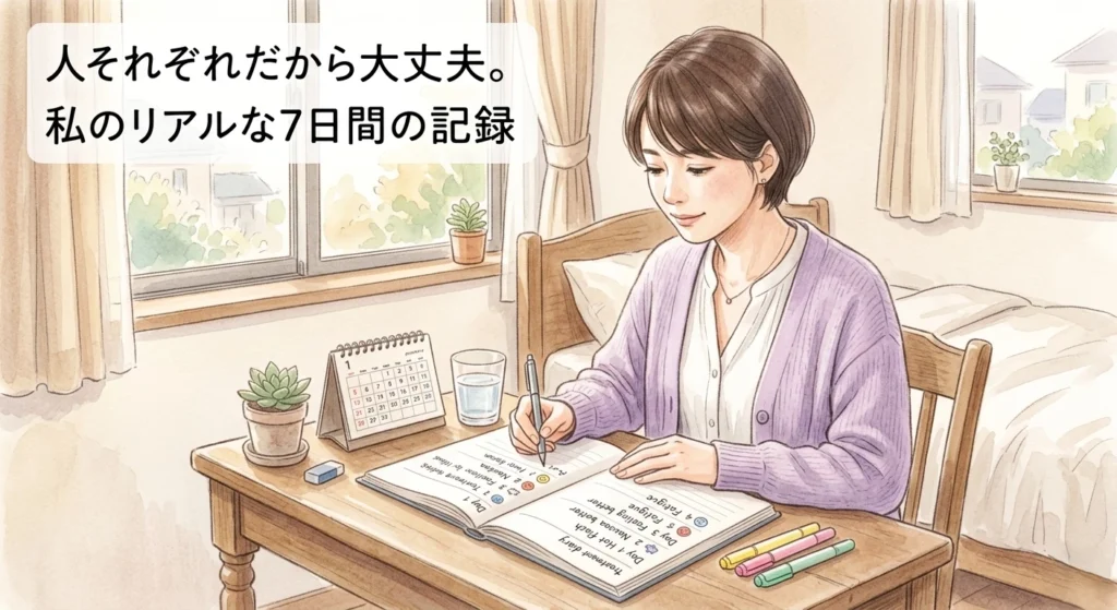 人それぞれだから大丈夫。私のり合うな7日間の記録
ノート（治療日記）を開いて、ペンを持って体調をメモしている女性のイラスト