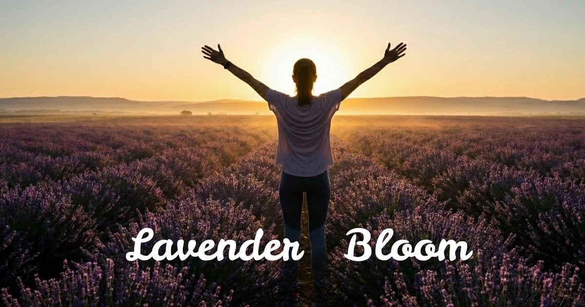 Lavender Bloom 朝陽が差し込むラベンダー畑で女性が両手を広げている後ろ姿