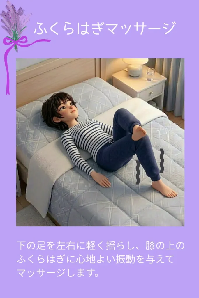 ふくらはぎマッサージ
仰向けで片膝を立てます。
反対側のふくらはぎを、立てている方の膝の上にのせます。
下の足を左右に軽く揺らし、膝の上のふくらはぎに心地よい振動を与えてマッサージします。