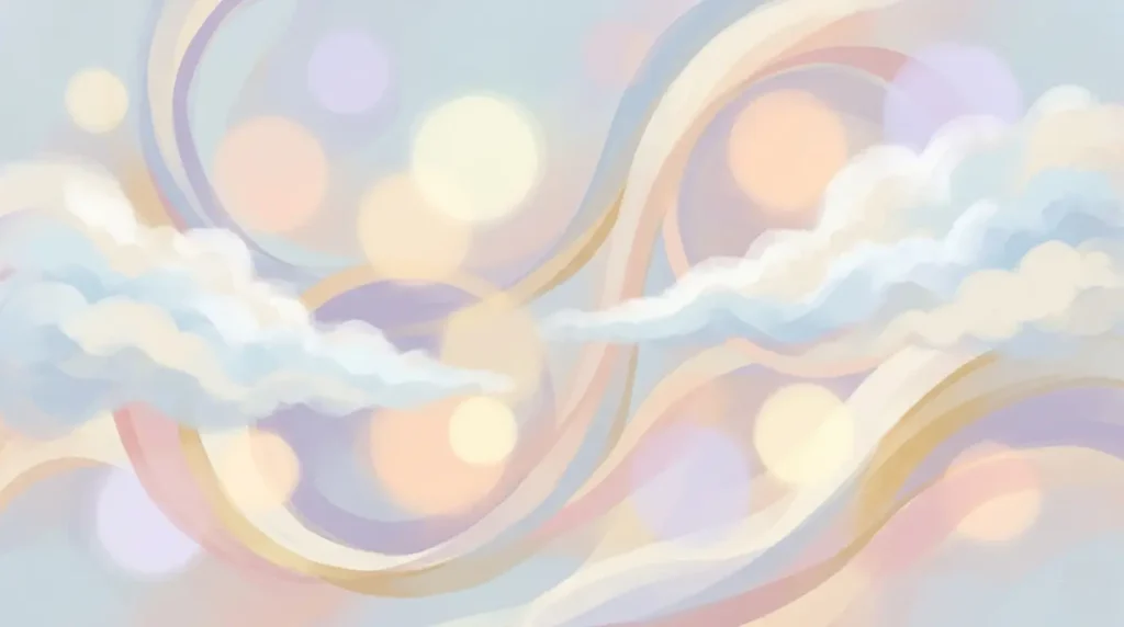 淡いパステルカラーの雲と光の粒が漂う抽象イラスト。タモキシフェンの副作用と向き合う中で、心がふっと軽くなる瞬間を表すやさしいイメージ。