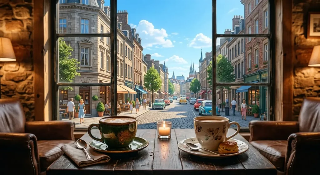 カフェのテーブルに並ぶ2つのカップ。気心の知れた友人と過ごす、変わらない温かい時間を象徴する風景。