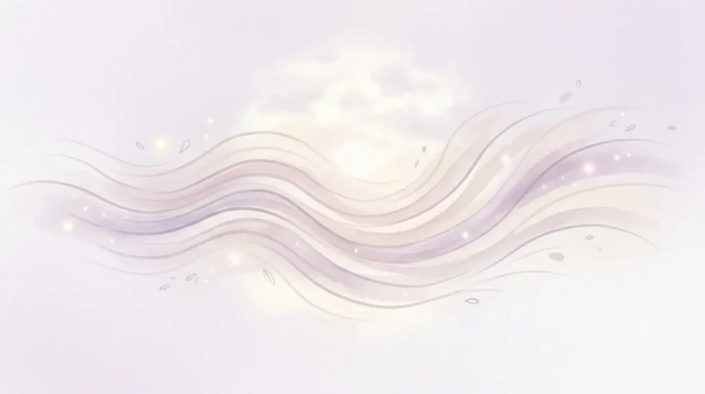 ふわっと広がる呼吸の波線を淡いラベンダーで描いた抽象イラスト。

