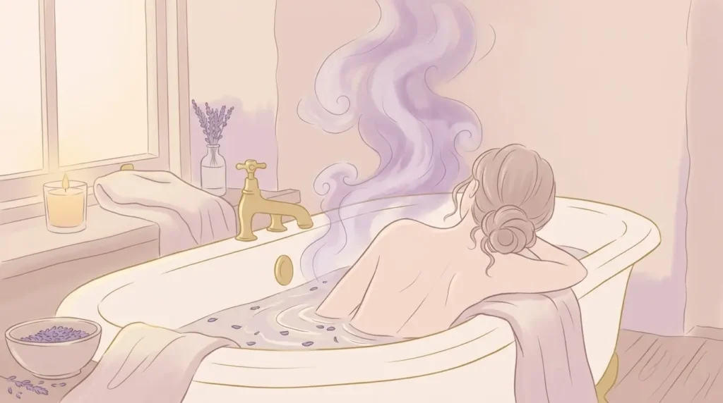湯船に浸かる女性の後ろ姿のイラスト。湯船からは湯気が立ち上り、リラックスして入浴しているイメージ。
