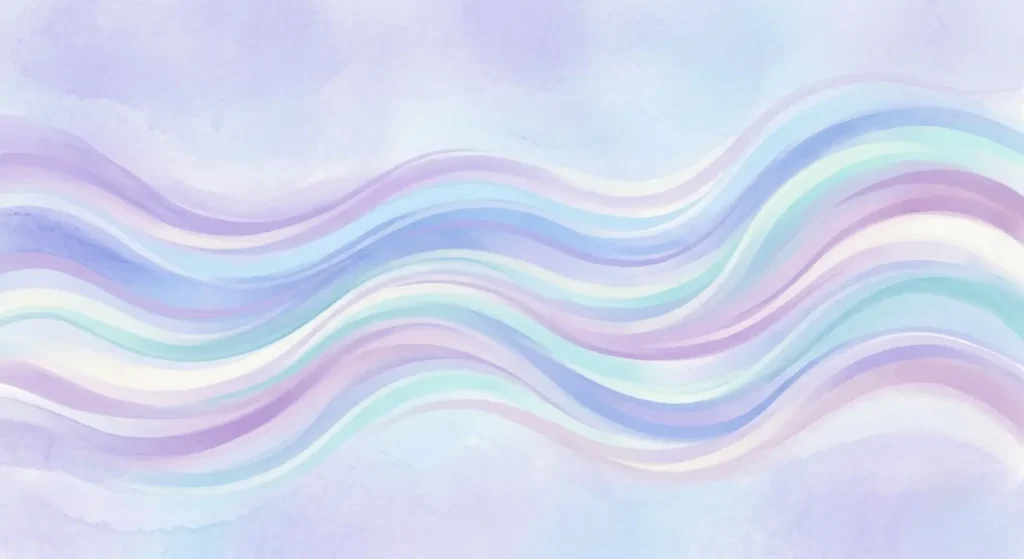 ラベンダーや淡い青のグラデーションで描かれた、ゆっくり流れる波線の抽象イラスト。緊張がほどけていくイメージ。