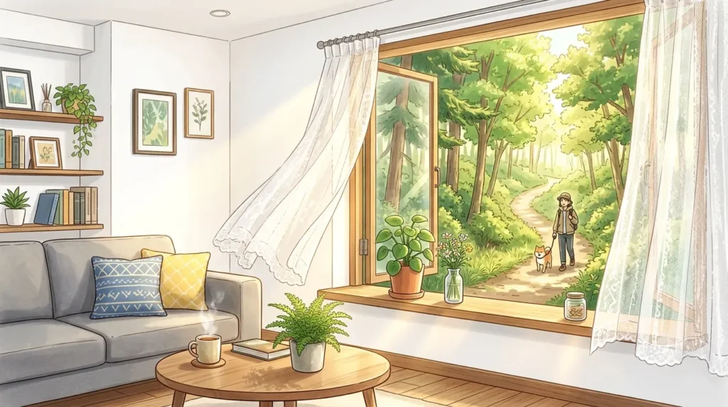 朝の光や深呼吸を思わせる柔らかな色合いの抽象イラスト。自分のペースで心を整えるセルフケアの時間を象徴したイメージ。