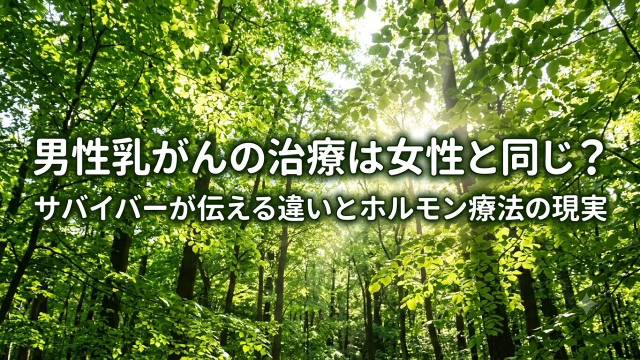 柔らかな光が差し込む森の風景に、男性乳がんの治療の違いとホルモン療法の現実を伝えるタイトルを重ねたアイキャッチ画像。静かな安心感と寄り添いを表現したイメージ。