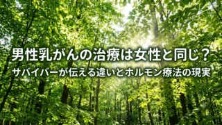 柔らかな光が差し込む森の風景に、男性乳がんの治療の違いとホルモン療法の現実を伝えるタイトルを重ねたアイキャッチ画像。静かな安心感と寄り添いを表現したイメージ。