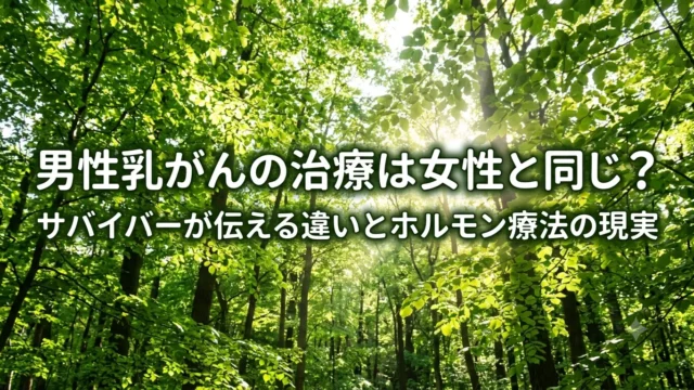 柔らかな光が差し込む森の風景に、男性乳がんの治療の違いとホルモン療法の現実を伝えるタイトルを重ねたアイキャッチ画像。静かな安心感と寄り添いを表現したイメージ。