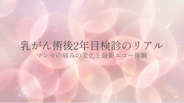 淡いピンクと光の円が重なる抽象的な背景に、「乳がん術後2年目検診のリアル　マンモの痛みの変化と最新エコー体験」というタイトルが静かに配置されたアイキャッチ画像。術後2年目の検診の安心感と柔らかな世界観を表すデザイン。