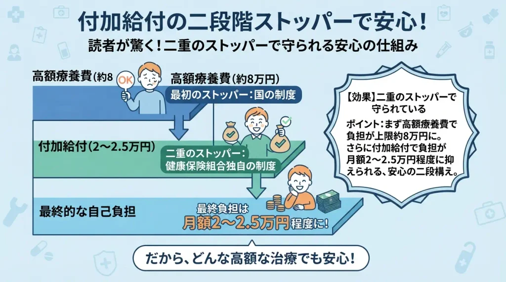 高額療養費で自己負担が約8万円に抑えられた後、健康保険組合の付加給付により月額2〜2.5万円程度まで軽減される二重のストッパーを示した図。公的制度と組合独自制度の二段構えの安心を表している。
