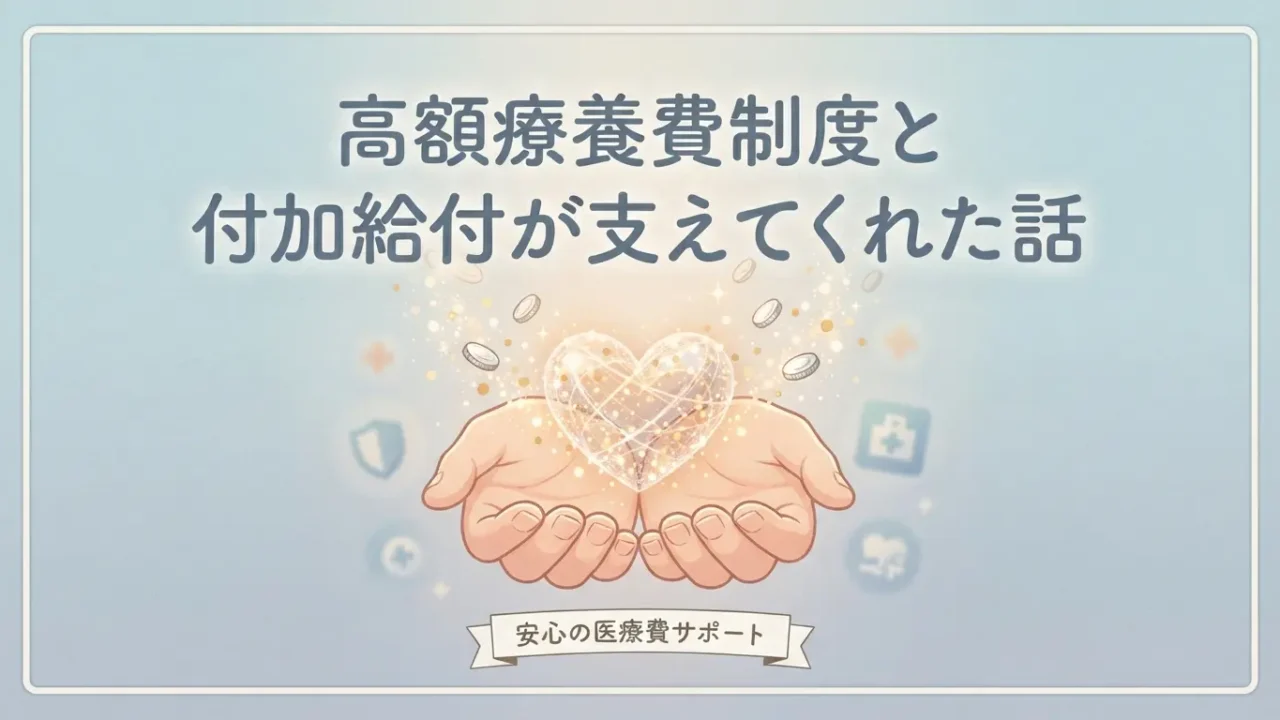 高額療養費制度と付加給付によって医療費の不安が軽減されるイメージ。両手に光るハートをそっと包み、安心の医療費サポートを象徴するデザイン。